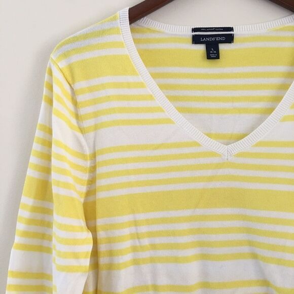 Lands’ End yellow & white stripe V-neck sweater L - Picture 1 of 5